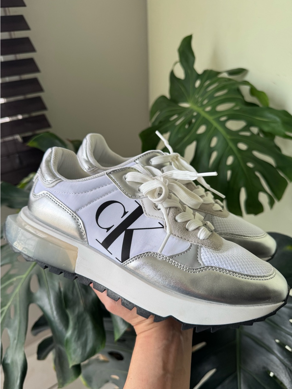 Calvin Klein Metallic Silver & White Platform Sneakers- Size 8.5